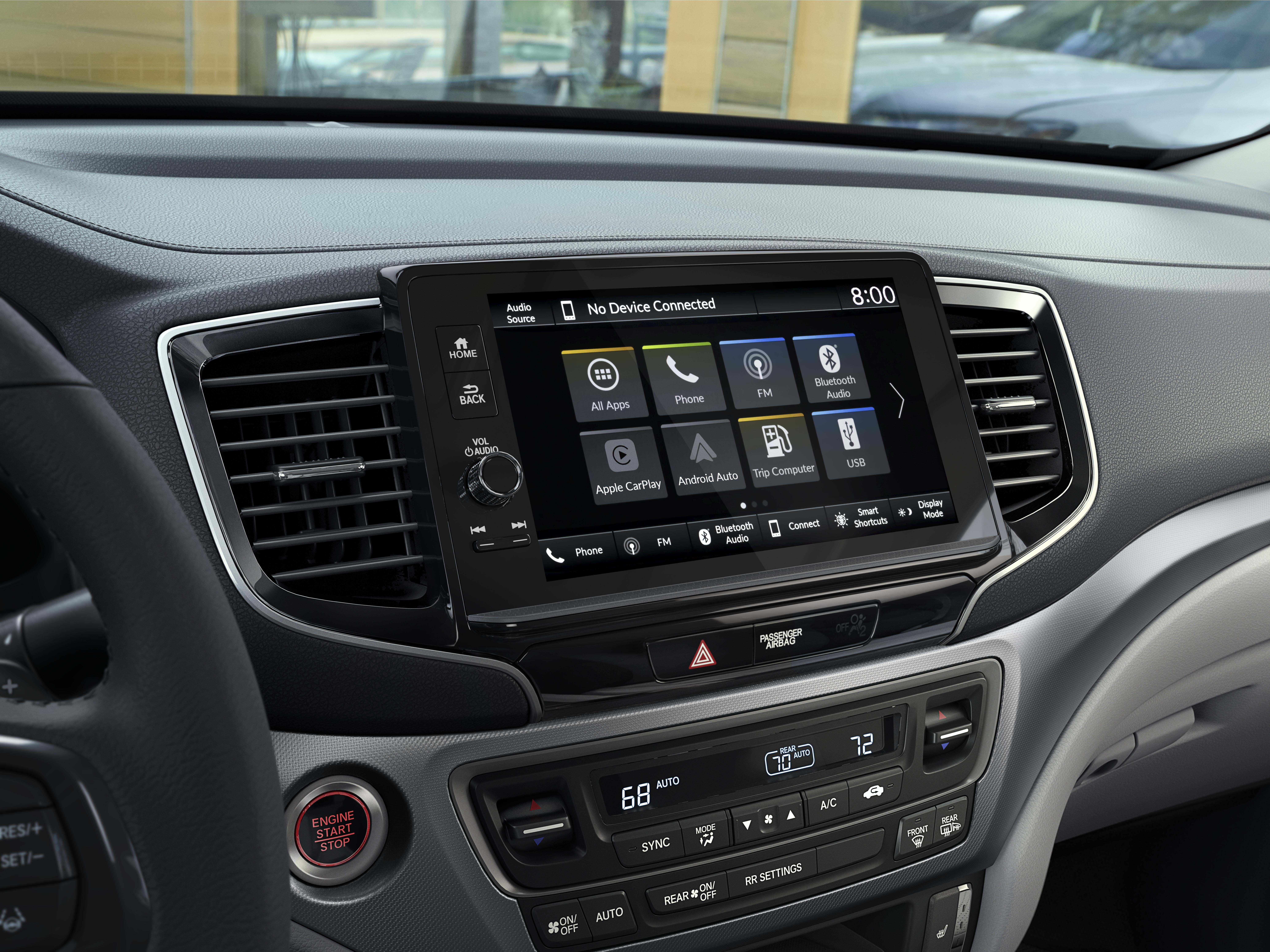 Interior dashboard and 9-inch touchscreen infotainment system of the 2026 Honda Ridgeline